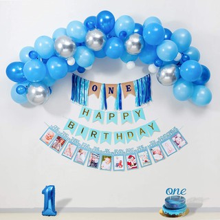 Decorations D Anniversaire Bebe Garcon 1st One Banniere De Chaise Haute Prince Couronne Joyeux Anniversaire Banniere 12 Mois Banniere Photo Gateau Topper Bleu Argent Ballon Guirlande Kit Shopee France
