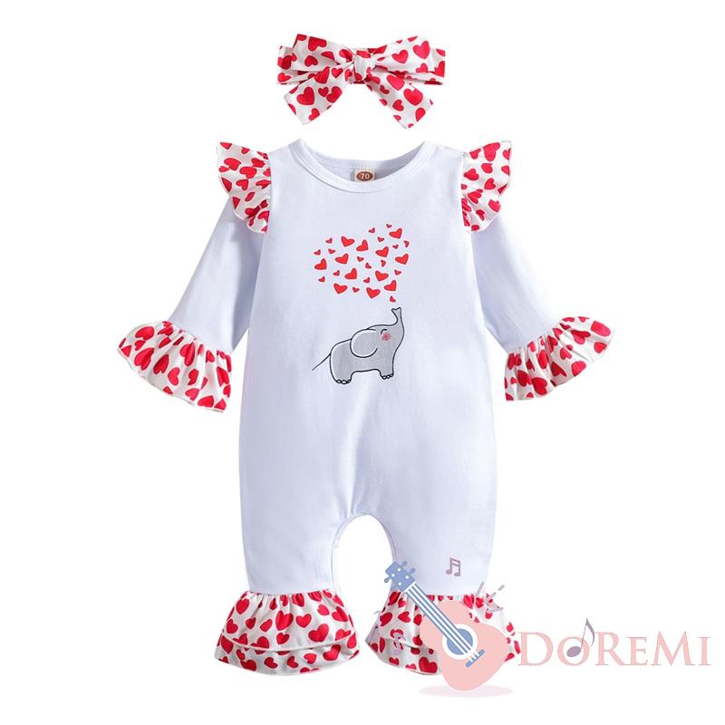 Combinaison A Manches Longues Pour Bebe Fille Cartoon Elephant Heart Print Ruffle Stitching Long Romper Avec Bandeau Shopee France