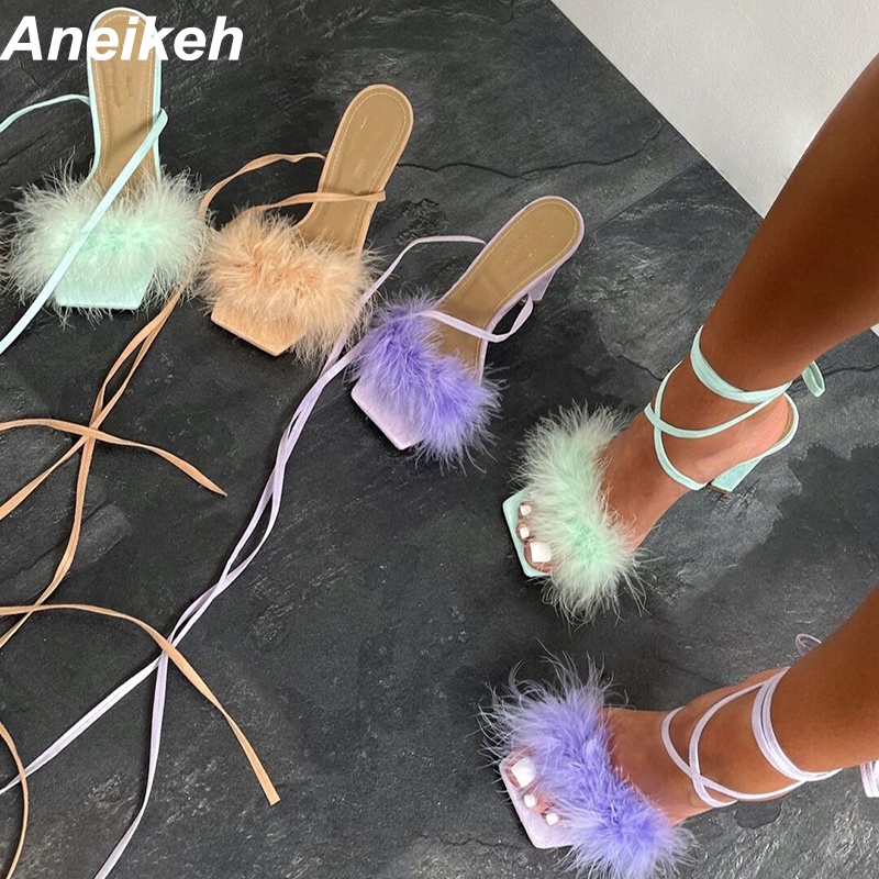 Aneikeh NOUVEAU Summer Rome Mode Furry Cross Attach Femmes Pompes 2022 
