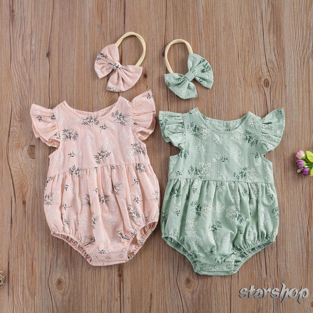 Starsbr Barboteuse Bebe Avec Bandeau Body A Manches Volantes Et Imprime Floral Bandeau Pour Filles Rose Vert Shopee France