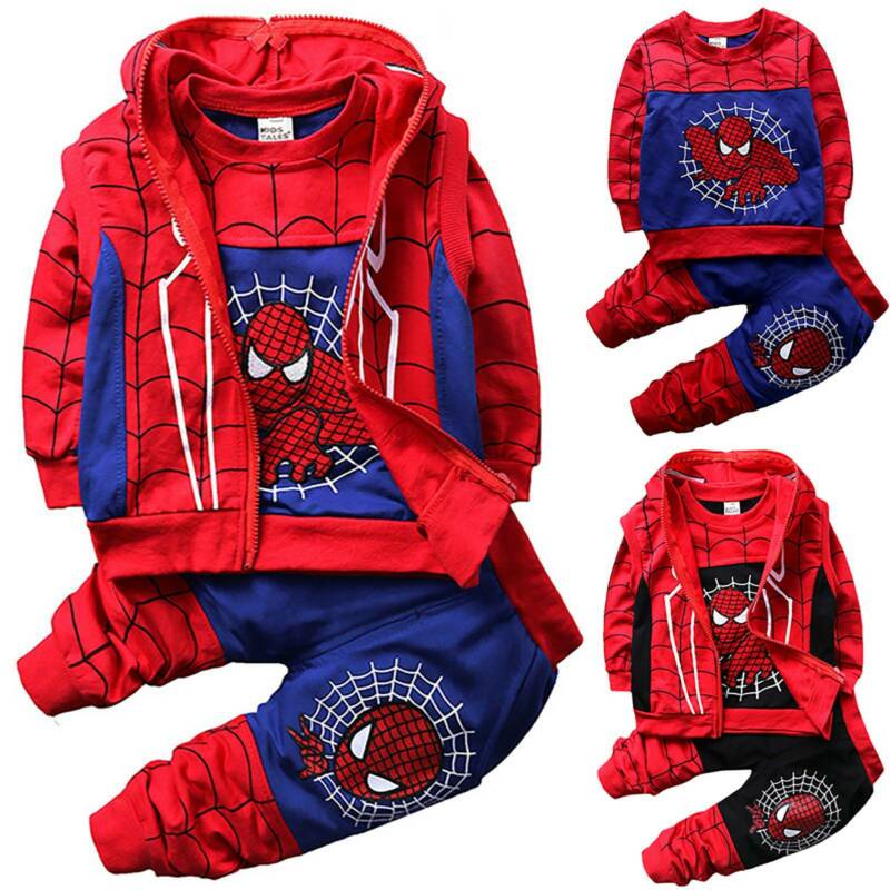 tops 3pcs bébé infantile enfants garçons à capuche gilet pantalons vêtements ensembles Spider-Man 