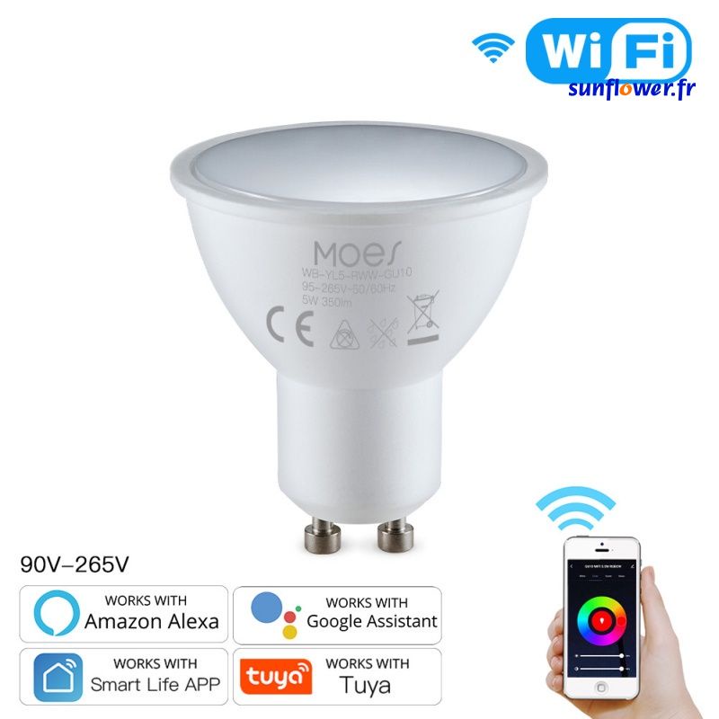Tuya WiFi Smart LED GU10 Ampoules RGBW C + W Blanc 5W Lampes à